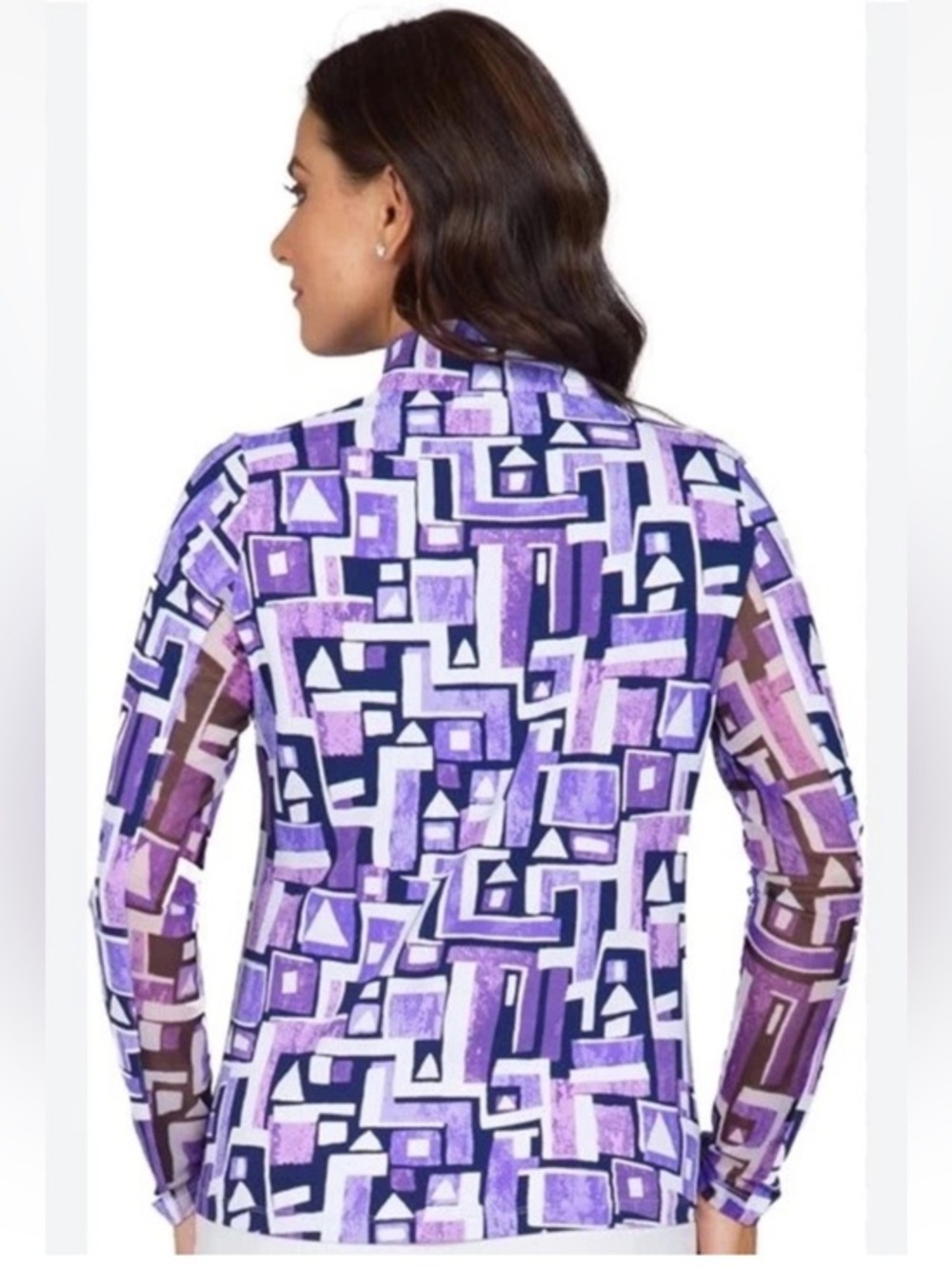 IBKUL, Small Geometric Purple Print Zip-Neck Top with wicking technology SPF 50+